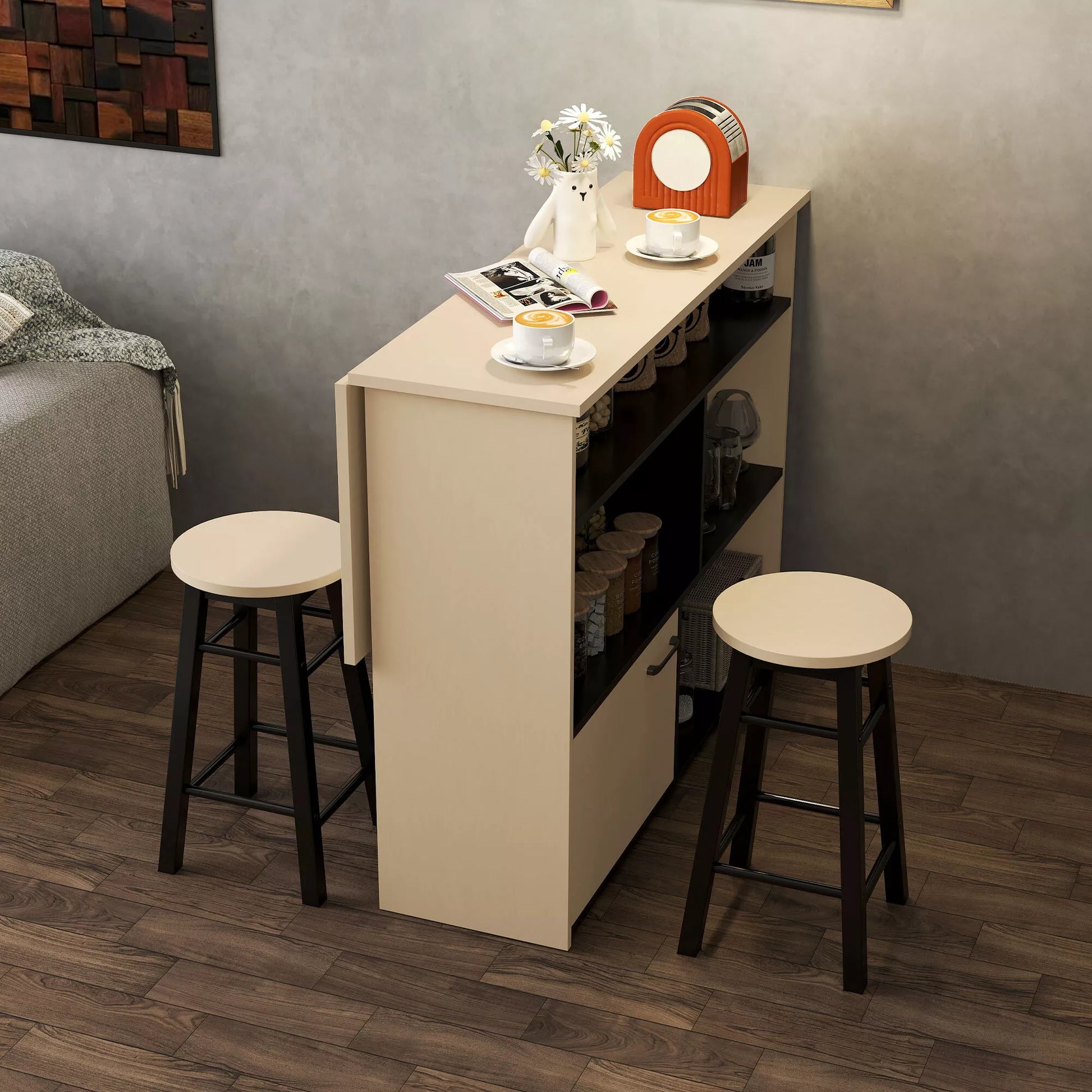 3 dalių baro komplektas, baro stalas su atlenkiamu stalviršiu, 2 baro kėdės, 6 daiktų laikymo dėžės, juodos spalvos + ąžuolo, 116 x 70 x 89,5 cm