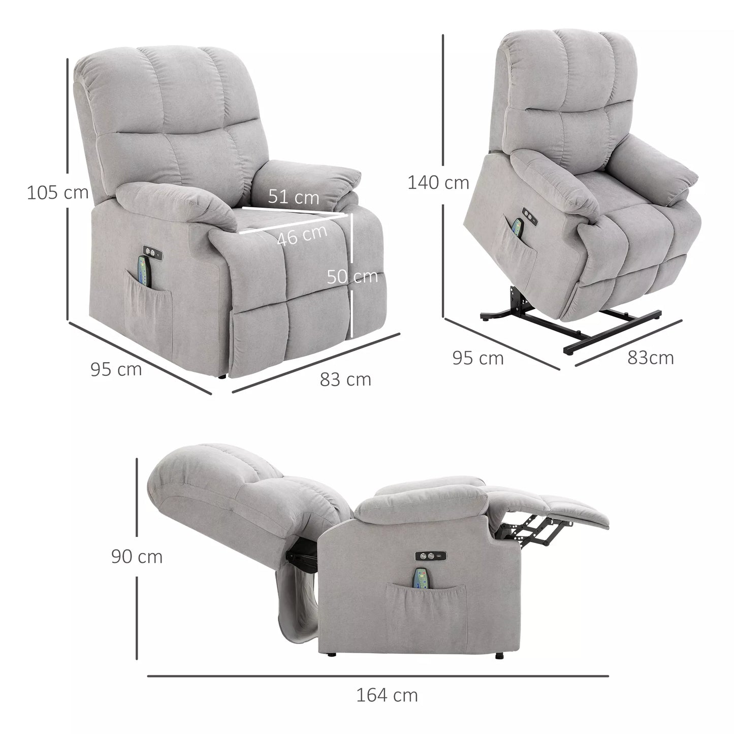 Krėslas su pakėlimo funkcija, masažinis krėslas, relaksacinis krėslas su USB jungtimi, TV krėslas su nuotolinio valdymo pulteliu, šonine kišene, atlenkiamas TV krėslas su aksomo išvaizda, pilkas