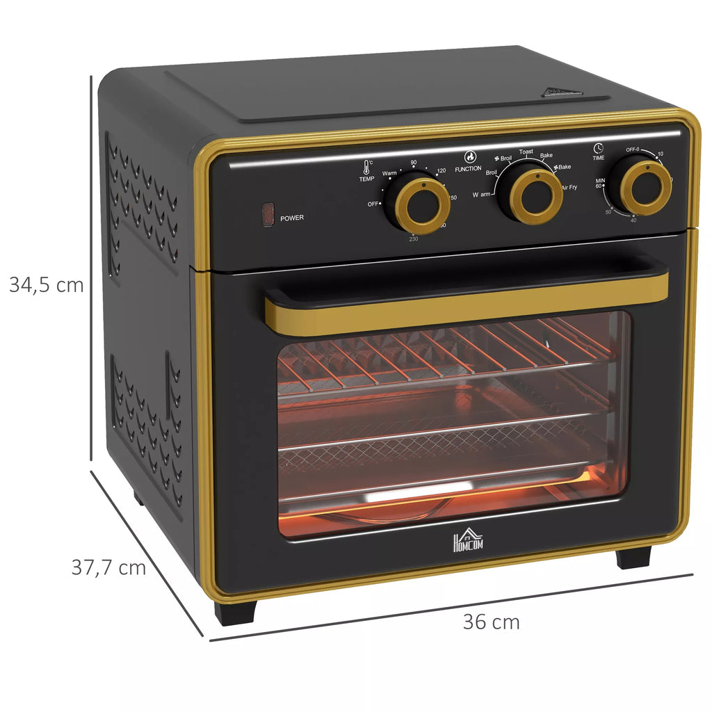 Mini orkaitė, 20 litrų, kepimas be aliejaus, griliavimas, kepimas, oro cirkuliacija, 90–230 °C, laikmatis, 1400 W, juoda + auksinė