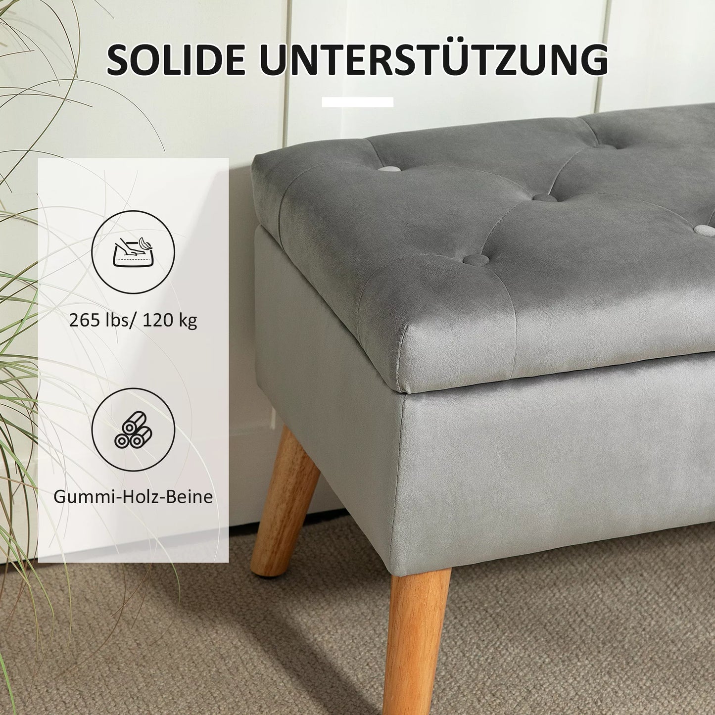 Minkštasuolis su daiktadėže, velveto imitacijos audinio užvalkalas, medinės kojos, skirta svetainei, miegamajam, koridoriui, 80 x 35 x 42 cm, pilka