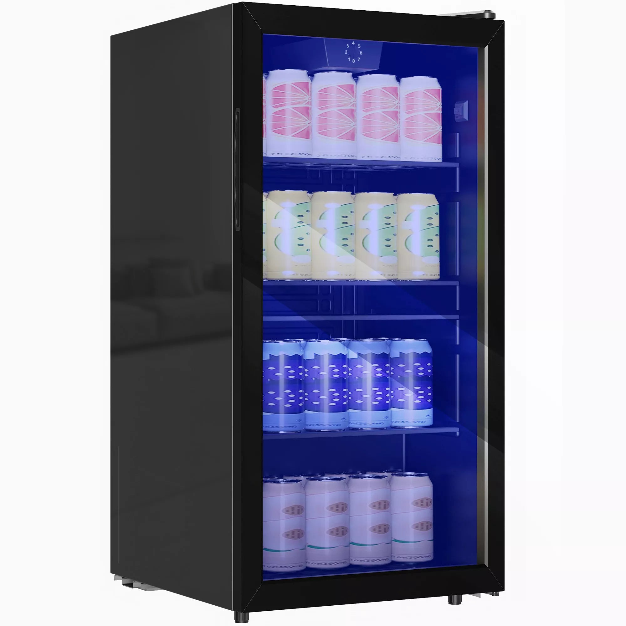 Mini šaldytuvas 93 l su stiklinėmis durimis, reguliuojamomis lentynomis, LED apšvietimu, temperatūros reguliatoriumi, 47,2 x 43,7 x 83,3 cm, juodos spalvos