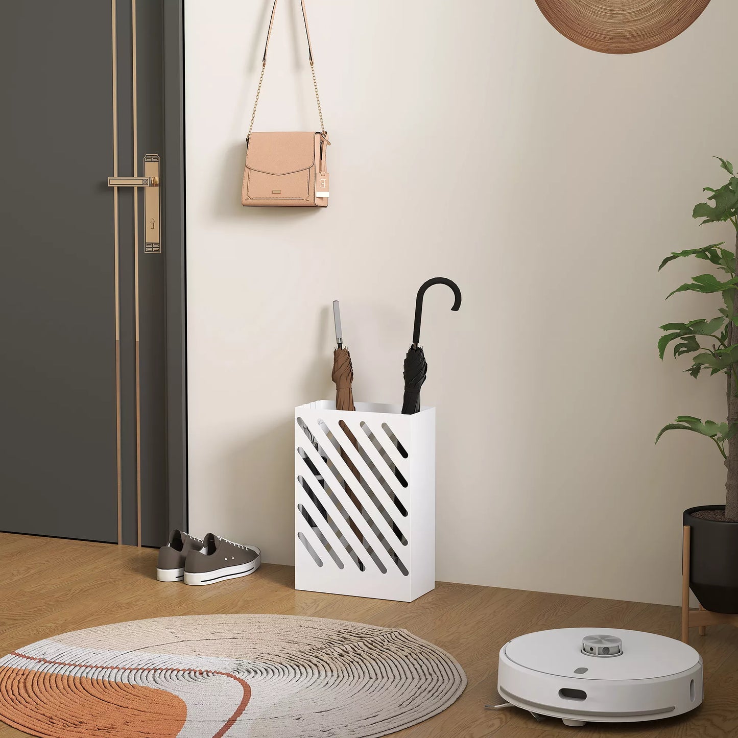 Stovas skėčiams su lašų surinkimo padėklu, 4 kabliukai, plienas, 28 ilg. x 14 plot. x 41 aukšt. cm, balta