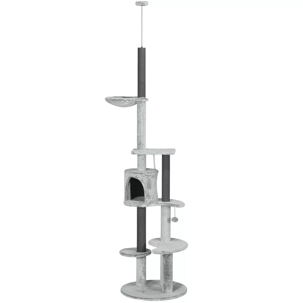 Katės draskyklė iki lubų su hamaku, nameliu ir platformomis, 225–255 cm, pilka