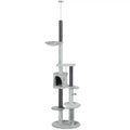 Katės draskyklė iki lubų su hamaku, nameliu ir platformomis, 225–255 cm, pilka
