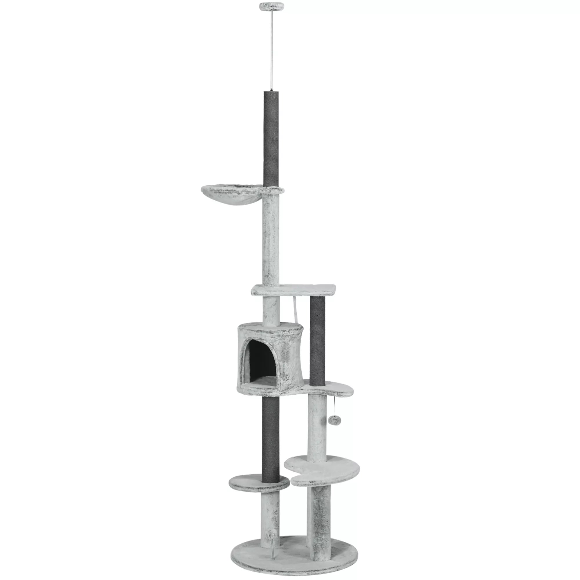 Katės draskyklė iki lubų su hamaku, nameliu ir platformomis, 225–255 cm, pilka