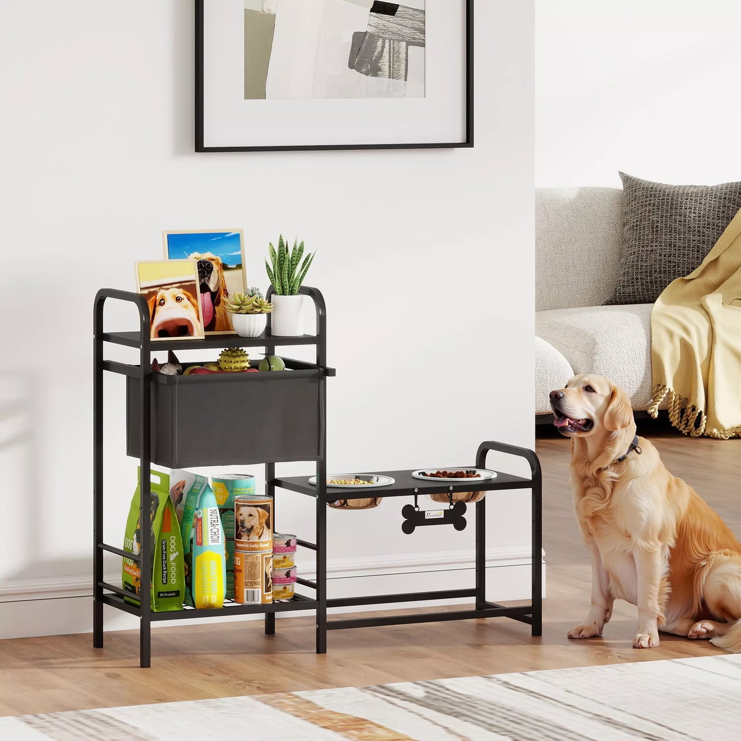 Padidintas šunų dubuo Reguliuojamo aukščio dubuo su saugojimo vieta Vandens dubuo 2 x 800 ml Nerūdijančio plieno dubuo 89,5 x 27 x 74 cm Juodas