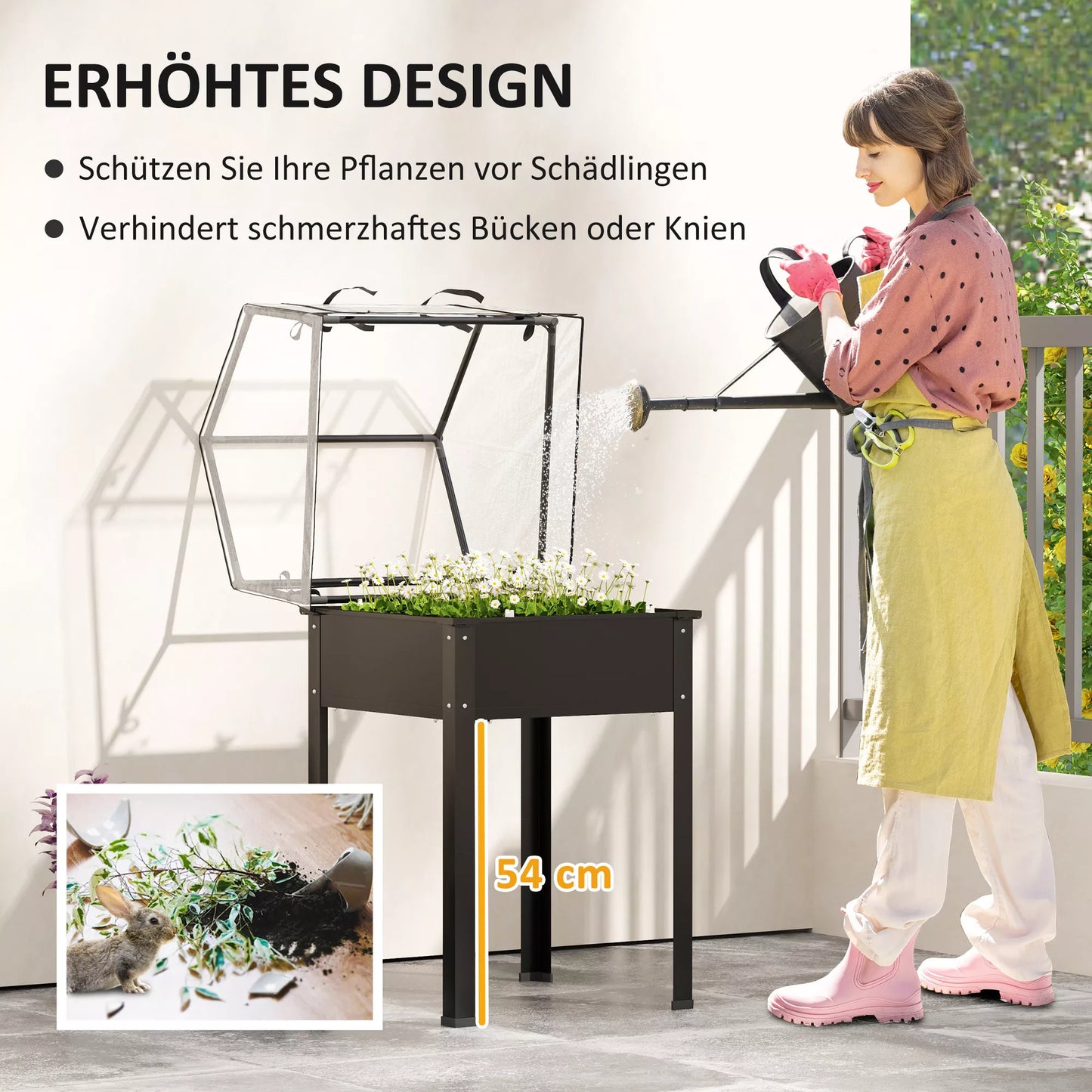 Aukštas lysvė su šiltnamio stogu, pakelta augalų dėžė su drenažo skylėmis, 60 x 60 x 120 cm, juoda