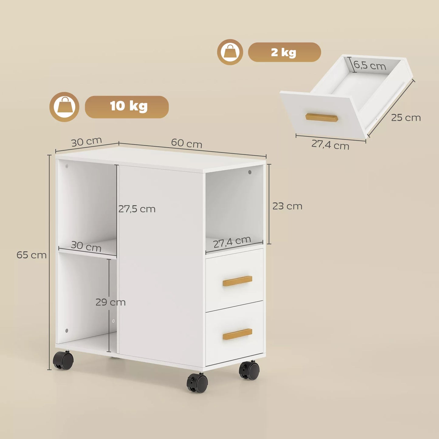 Spausdintuvo staliukas su reguliuojama lentyna, biuro stovas ant ratukų faksui ir skeneriui, mdf ir metalas, 60x30x65 cm, balta