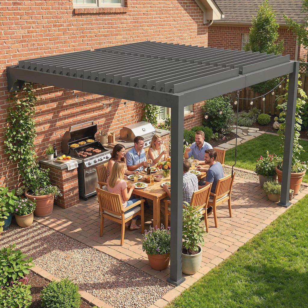 Pergola, apie 3x3 m, aliuminio terasos stogas su reguliuojamu lamelių stogu, montuojamas prie sienos, tamsiai pilkos spalvos