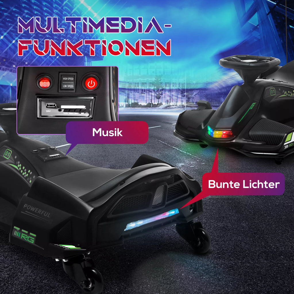 HOMCOM Elektrinis kartingas vaikams, guminės padangos, 3-8 km/val, su šviesomis ir muzikos funkcija, juodas HOMCOM