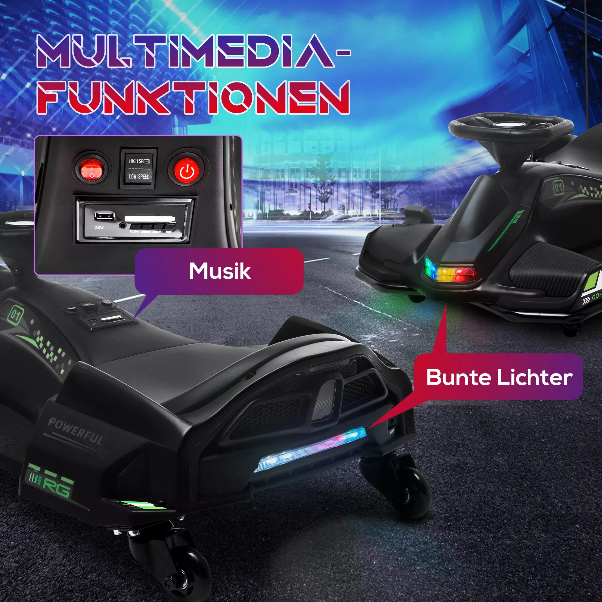 HOMCOM Elektrinis kartingas vaikams, guminės padangos, 3-8 km/val, su šviesomis ir muzikos funkcija, juodas HOMCOM