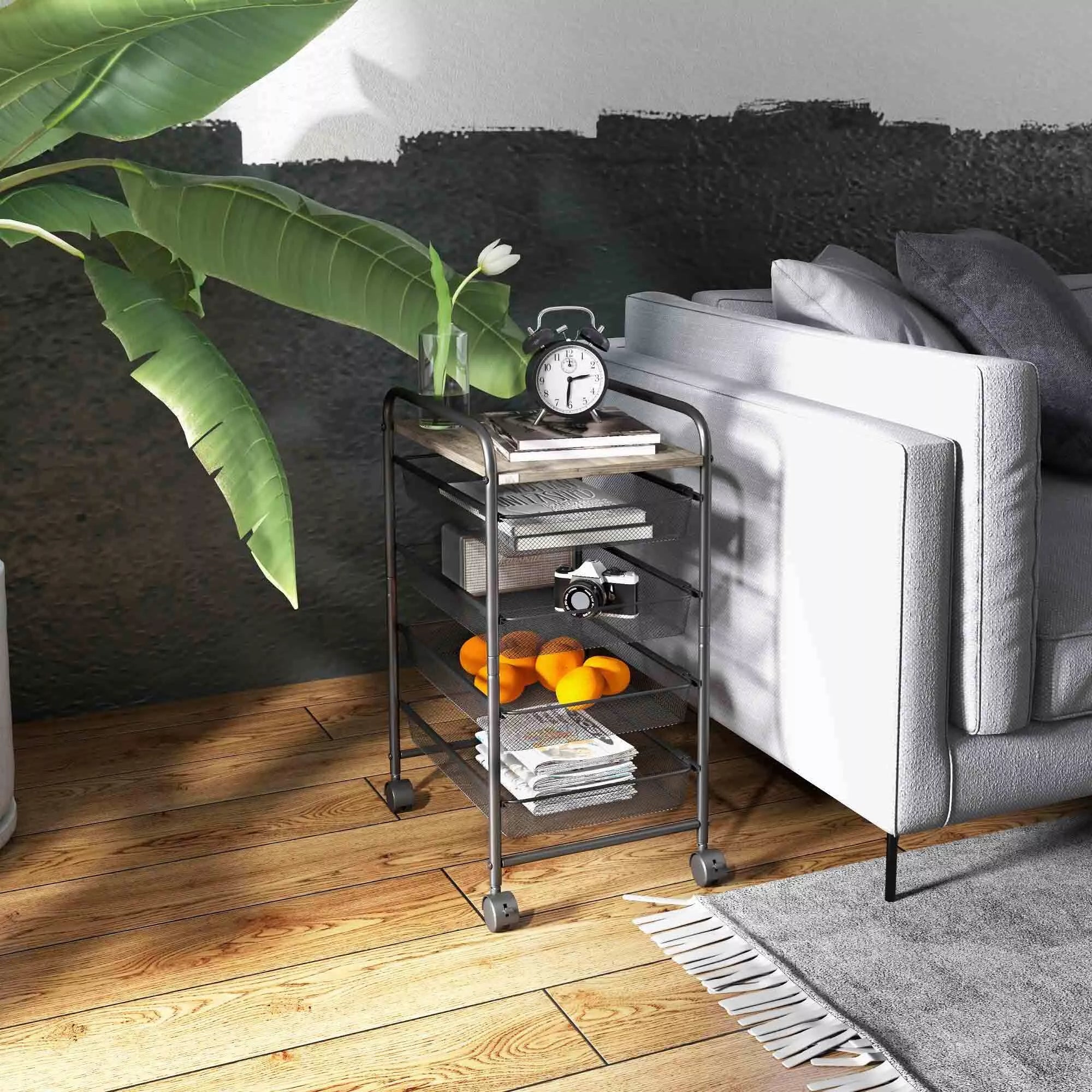 Vežimėlis su 4 krepšeliais, virtuvės vežimėlis, 4 ratai su 2 stabdžiais, universalios paskirties vežimėlis, juodos spalvos, 41,5 x 31 x 66 cm