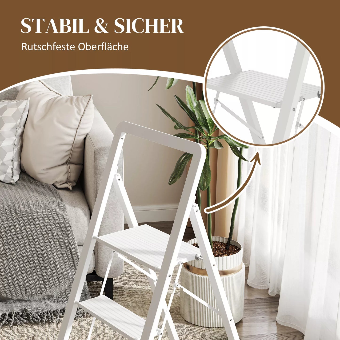 3 pakopų sulankstomos aliuminio kopetėlės, neslystanti platforma, baltos