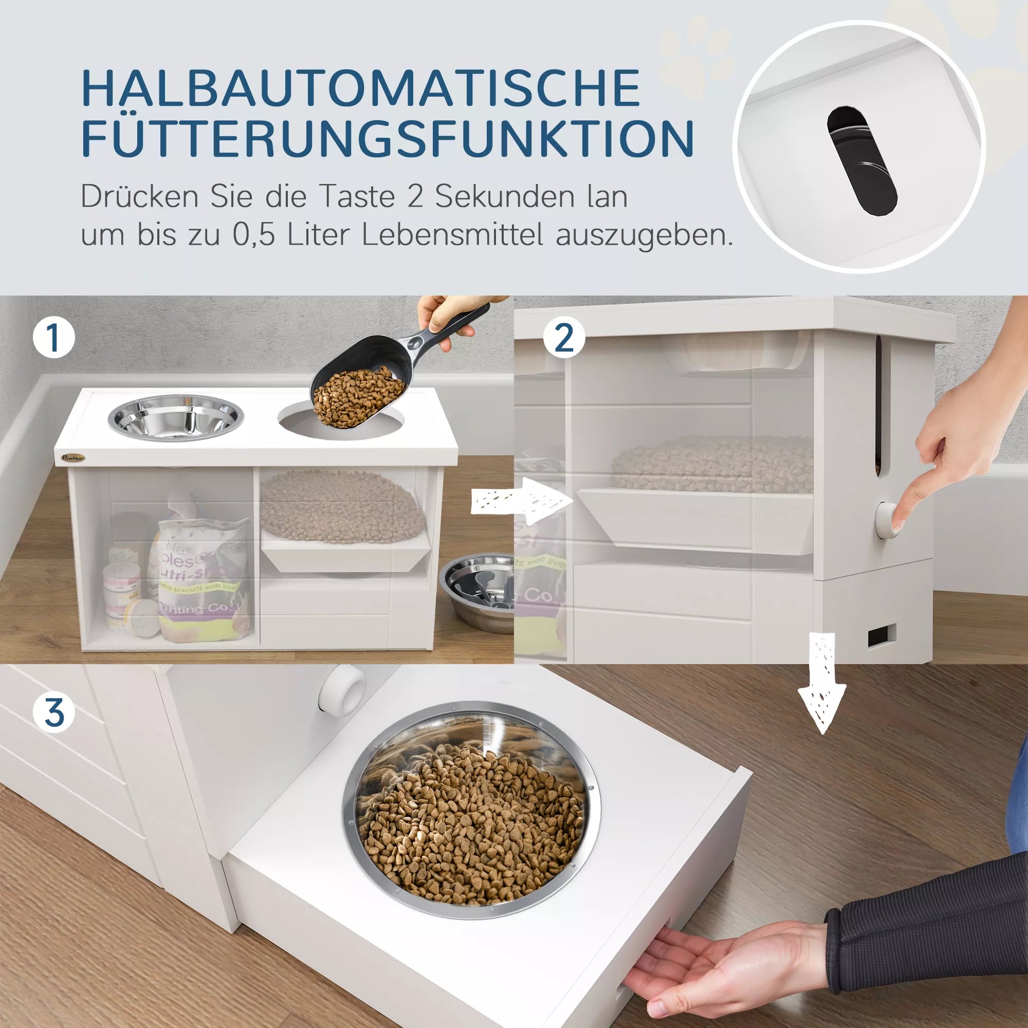 PawHut 2-in-1 paaukštintas šunų dubenėlis, reguliuojamo aukščio maisto dubenėlis su stovu, 2 x 2L nerūdijančio plieno dubenėliai, baltas
