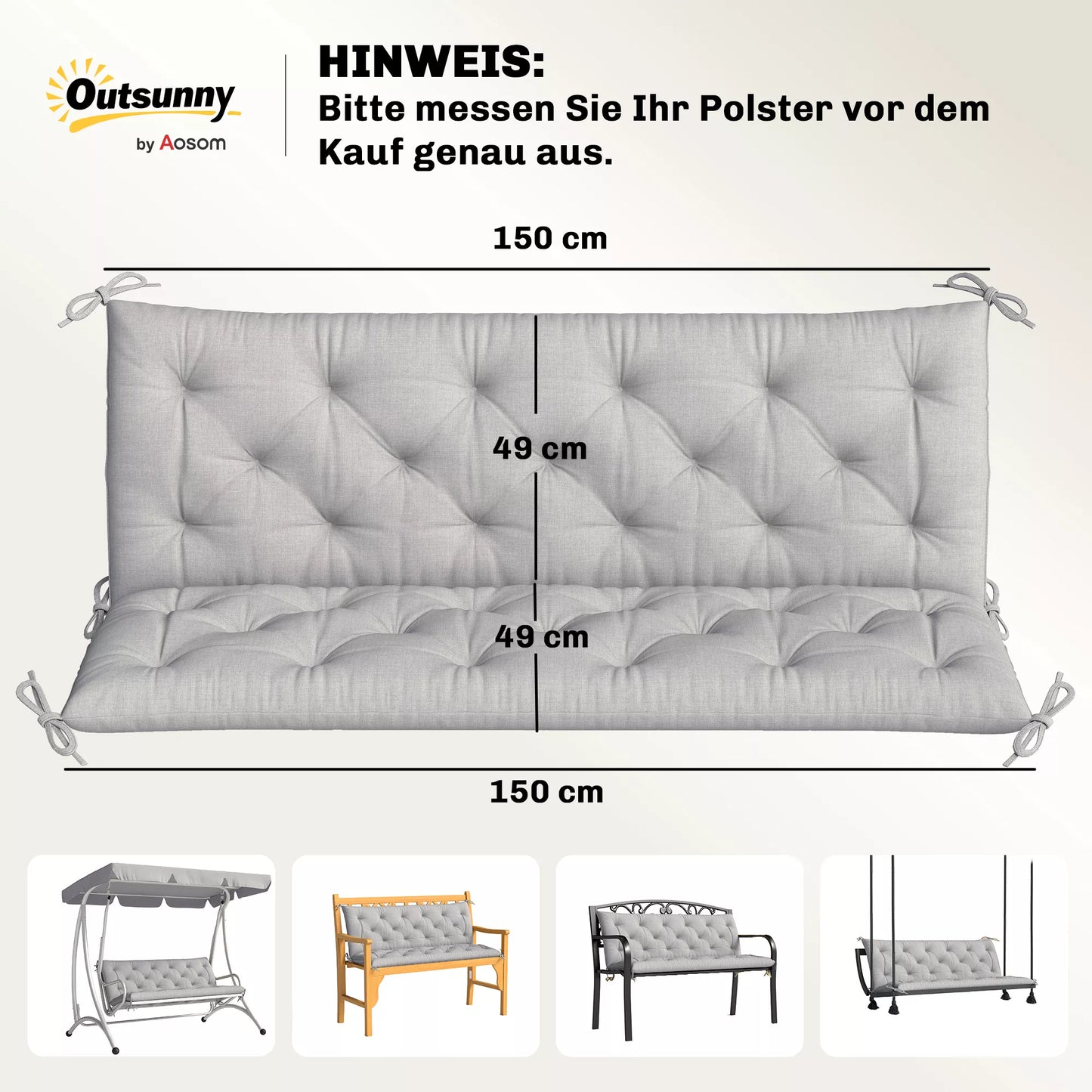 3 vietų suoliuko pagalvėlė 150x98x8 cm su tvirtinimo juostelėmis, sodo baldų pagalvėlė sūpynėms, šviesiai pilka