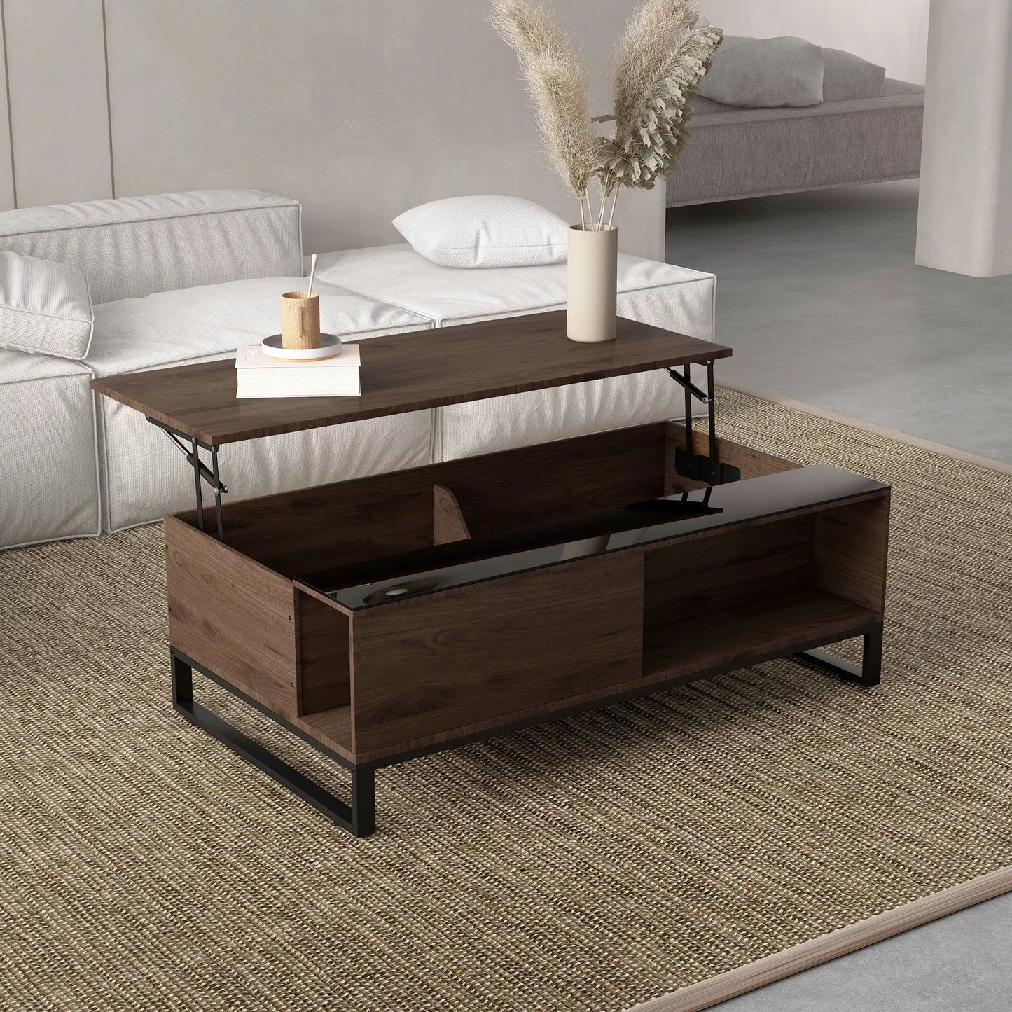 Pagalbinis staliukas su pakėlimo funkcija, paslėpta daiktadėžė, riešuto medienos imitacija, plieninis rėmas, 102 x 58 x 35,5 cm