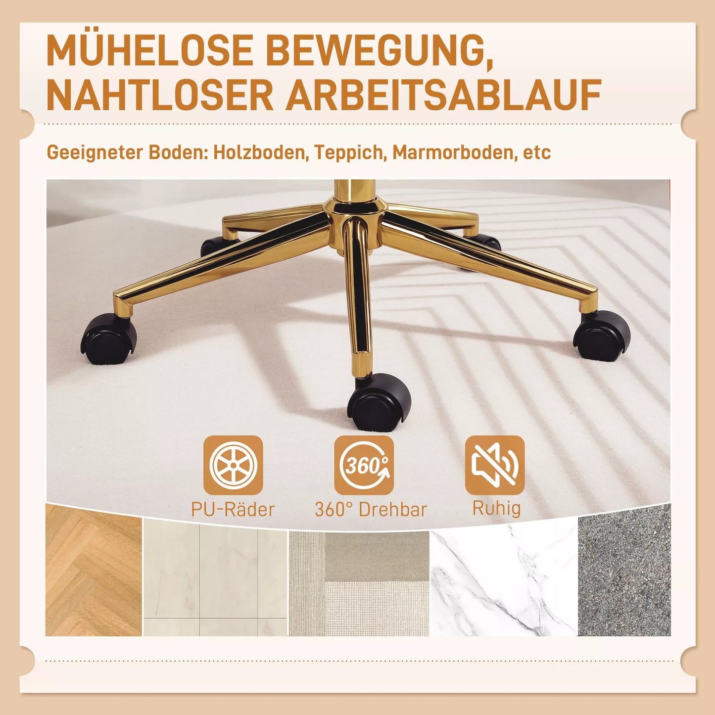 Sukama biuro kėdė su aksomo imitacijos apmušalu, aukščio reguliuojama, su pakreipimo funkcija, kreminės baltos spalvos