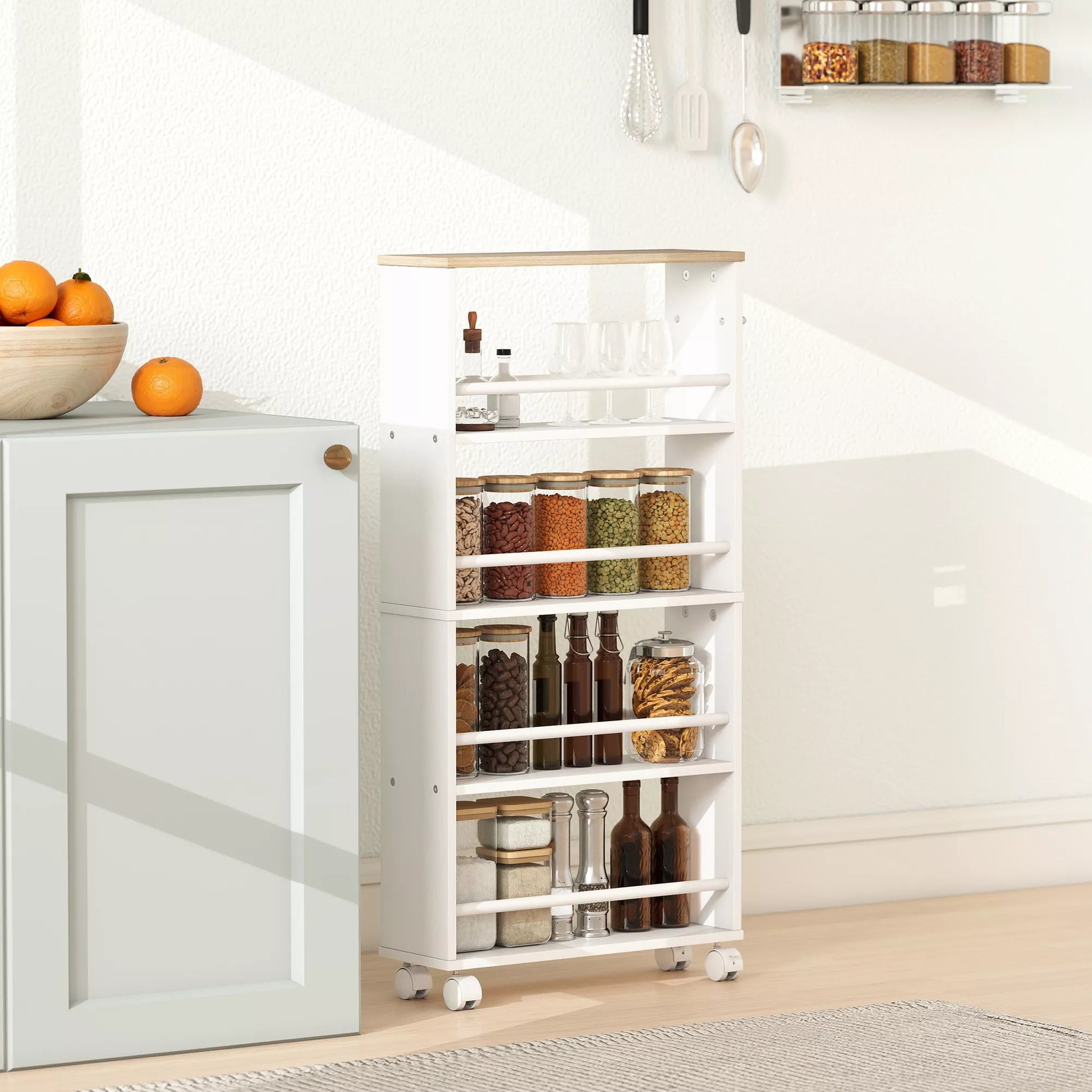 Daugiafunkcinė lentyna ant ratukų, siauras dizainas, 4 skyriai, 45x15x91 cm, Natūrali spalva