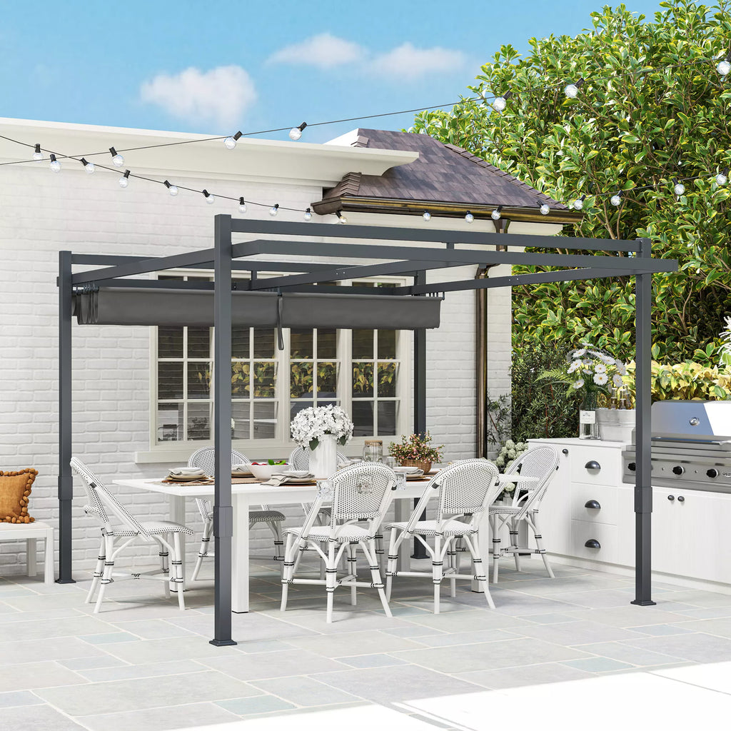 Pergola paviljonas, apie 3,5 x 3 m, aliuminis, stabilus, atsparus žiemos sąlygoms, saulės apsauga su reguliuojamu stumdomu stogu, pilkos spalvos