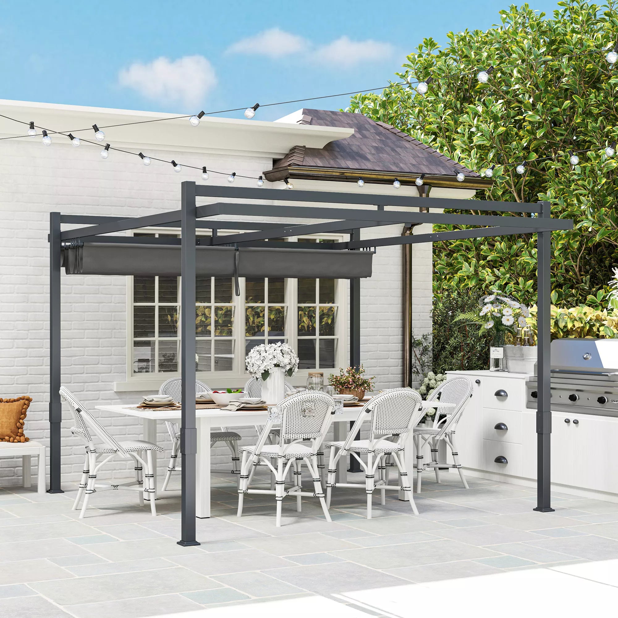 Pergola paviljonas, apie 3,5 x 3 m, aliuminis, stabilus, atsparus žiemos sąlygoms, saulės apsauga su reguliuojamu stumdomu stogu, pilkos spalvos