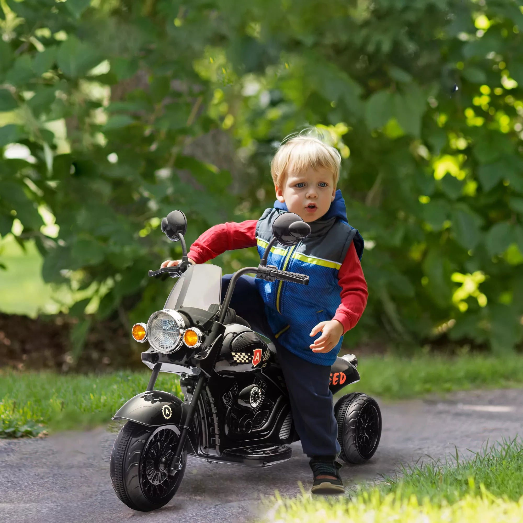 Elektrinis vaikiškas motociklas, 3-5 km/h, Chopper stiliaus, su šviesomis ir muzika, vaikams 3-6 metų, juodos spalvos