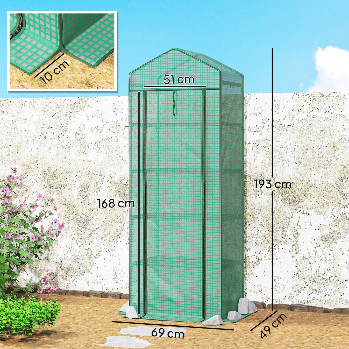 Mini šiltnamis gėlėms ar daržovėms, plienas, plastikas, 69L x 49B x 193H cm, žalias