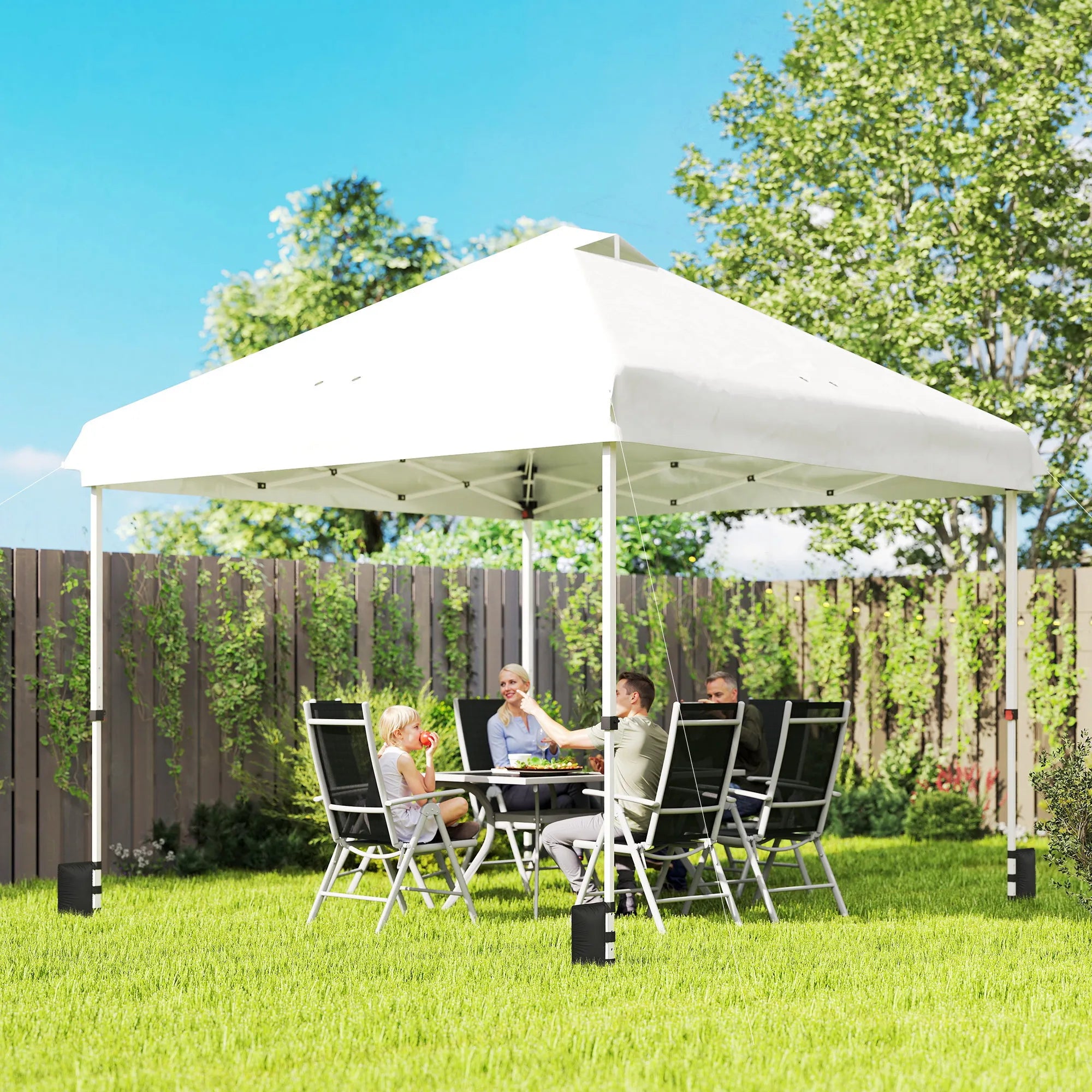 Greito surinkimo sodo ir prekybinė pavėsinė, paviljonas su apsauga nuo uv spindulių, sulankstoma stoginė, plienas ir oxford audinys, 300x300x273 cm, balta