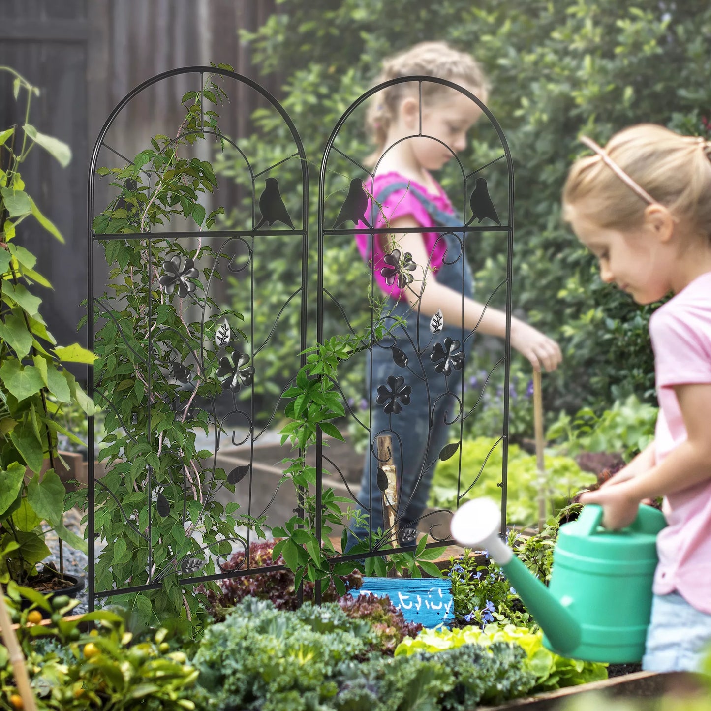 2 vnt. metalinių grotelių rinkinys su paukščių ir klevo ornamentais, skirtas sodui ir terasai, juodos spalvos, 38 x 98 cm