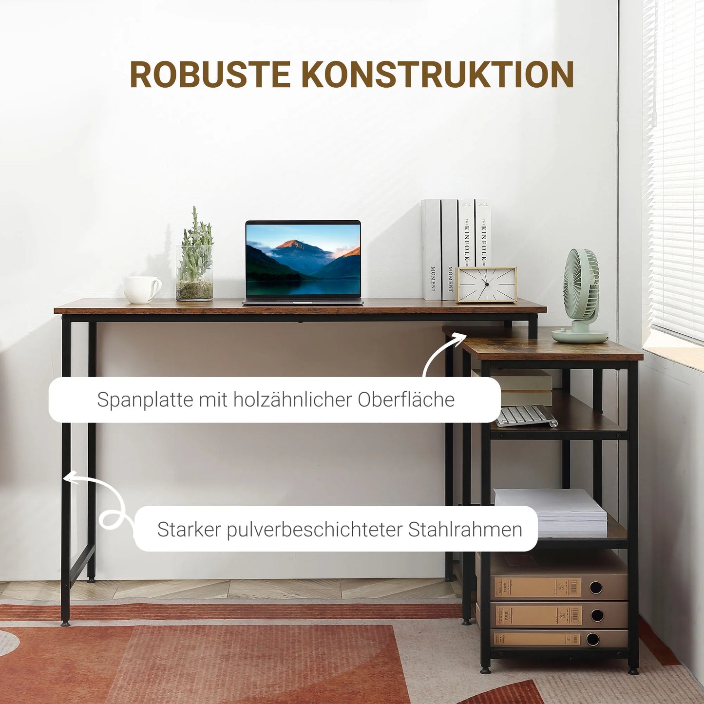 Kampinis rašomasis stalas, kompiuterio stalas, biuro stalas su lentyna ir stalčiumi, L formos, MDP, metalas, rudos spalvos, 135 x 90 x 79 cm