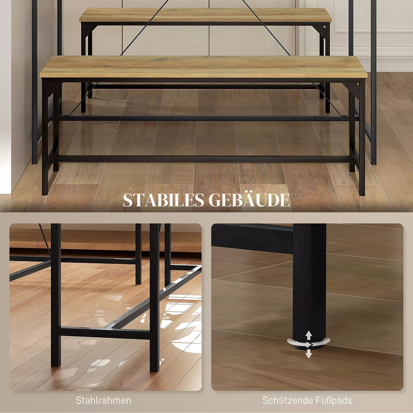 Valgomojo baldų komplektas, Stalas ir 2 suolai, Industrialinis dizainas, Plieno rėmas, Medžio imitacija/Juoda