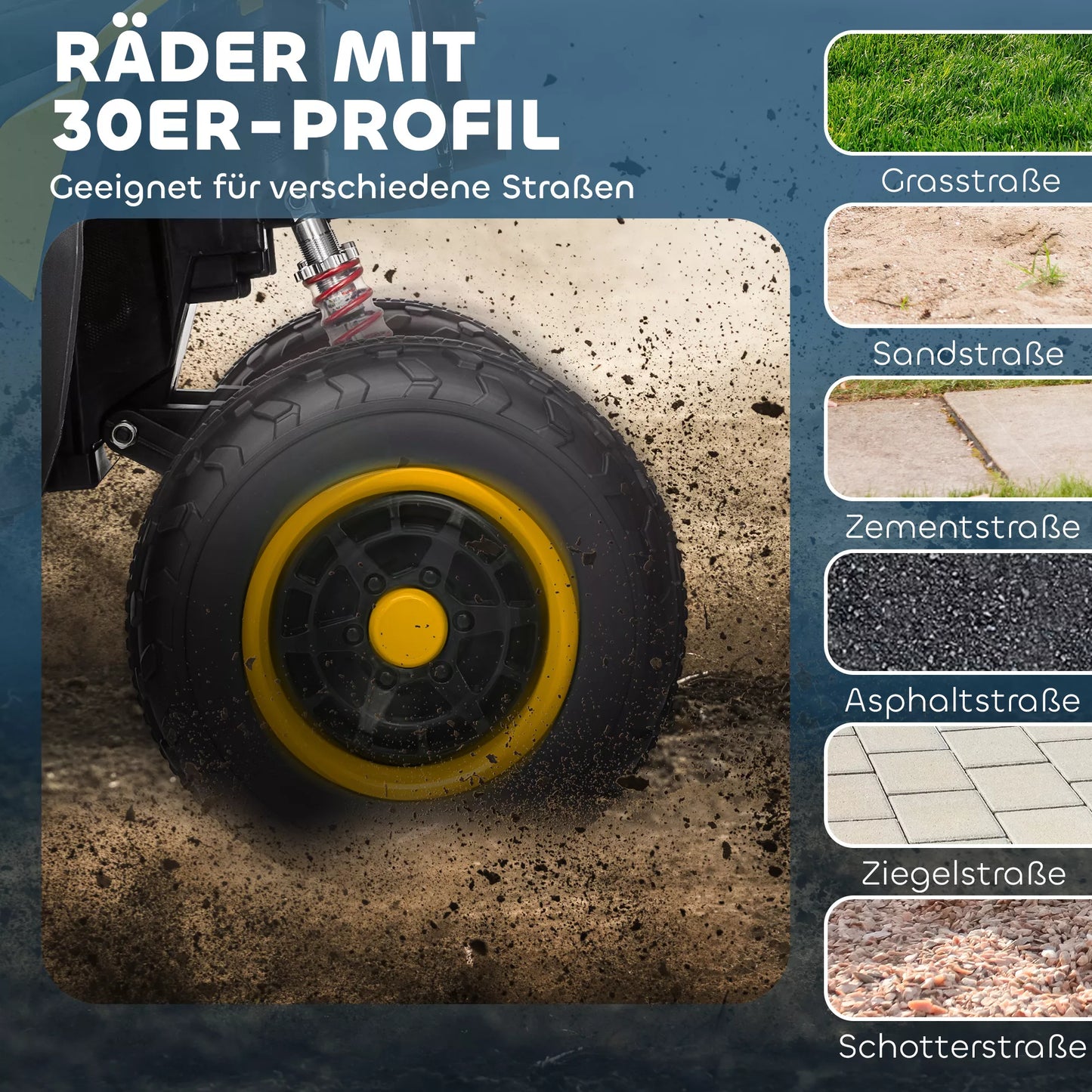 Elektrinis keturratis vaikams, 3-6 km/val., LED priekiniai žibintai, muzika, USB, skirtas 3–8 metų vaikams, geltonas