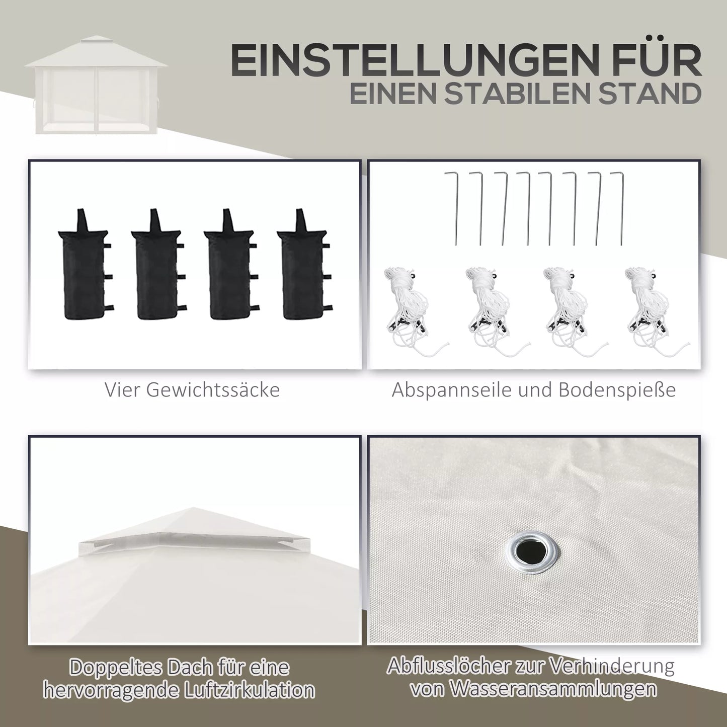 Sulankstomas paviljonas, reguliuojamas aukštis, 4 tinklinės sienos, ventiliacijos stogas, nešimo krepšys, greitas surinkimas, 4 x 4 x 3 m, kreminė balta spalva