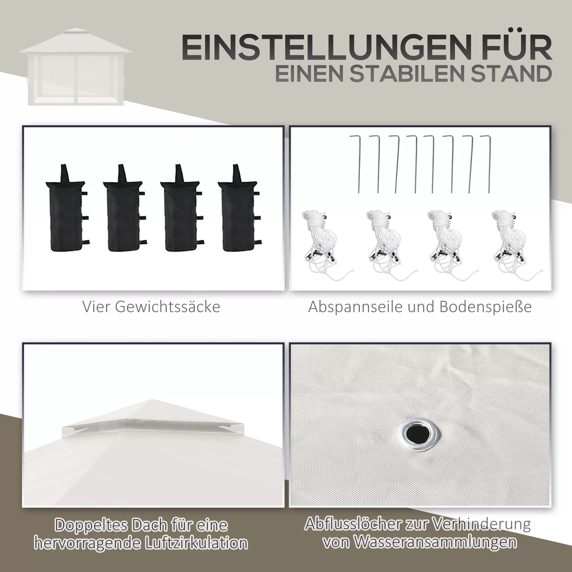 Sulankstomas paviljonas, reguliuojamas aukštis, 4 tinklinės sienos, ventiliacijos stogas, nešimo krepšys, greitas surinkimas, 4 x 4 x 3 m, kreminė balta spalva