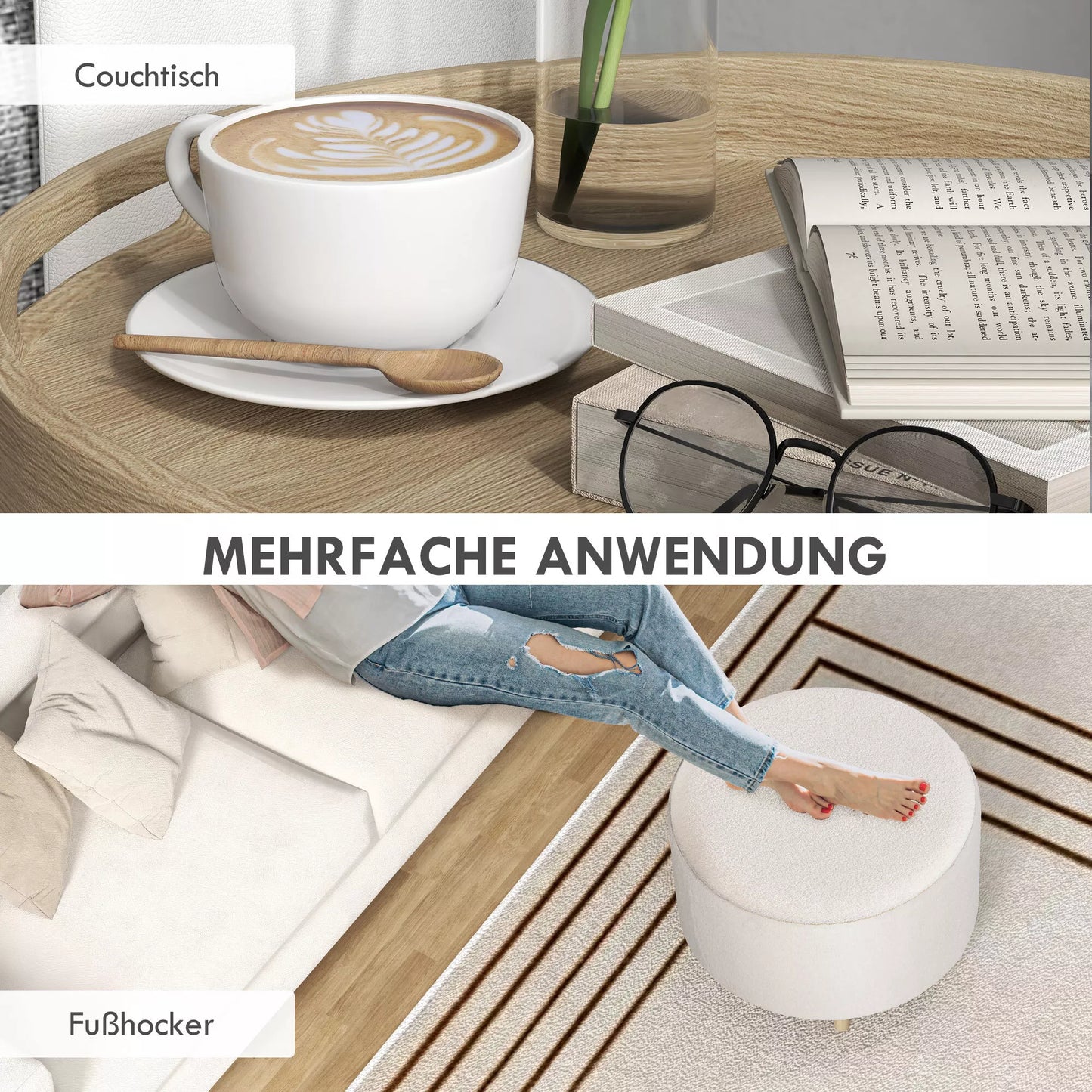 Pufas, Teddy vilnos audinys, paslėpta daiktadėžė, atverčiamas dangtis, 56 cm x 56 cm x 42 cm, baltas