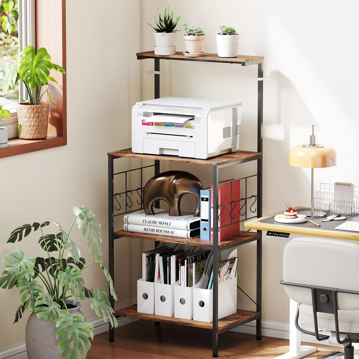 Virtuvės lentynos, 4 pakopų dizainas, stalviršis, 8 kabliai, metaliniai vamzdžiai, rudos ir juodos spalvos