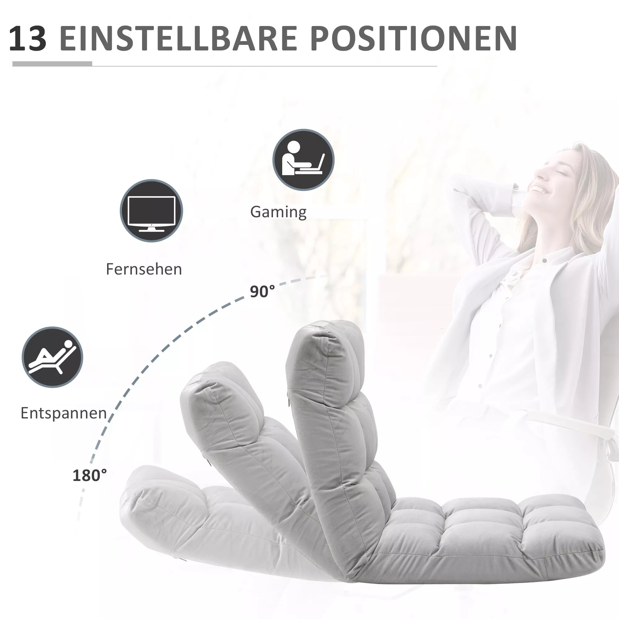 Sulenkiama grindinė kėdė su atlošo reguliavimo funkcija, paminkštinta poilsio kėdė TV žiūrėjimui, skaitymui, meditacijos kėdė "Lazy Sofa" skaitymo fotelis meditacijai namuose, pilka