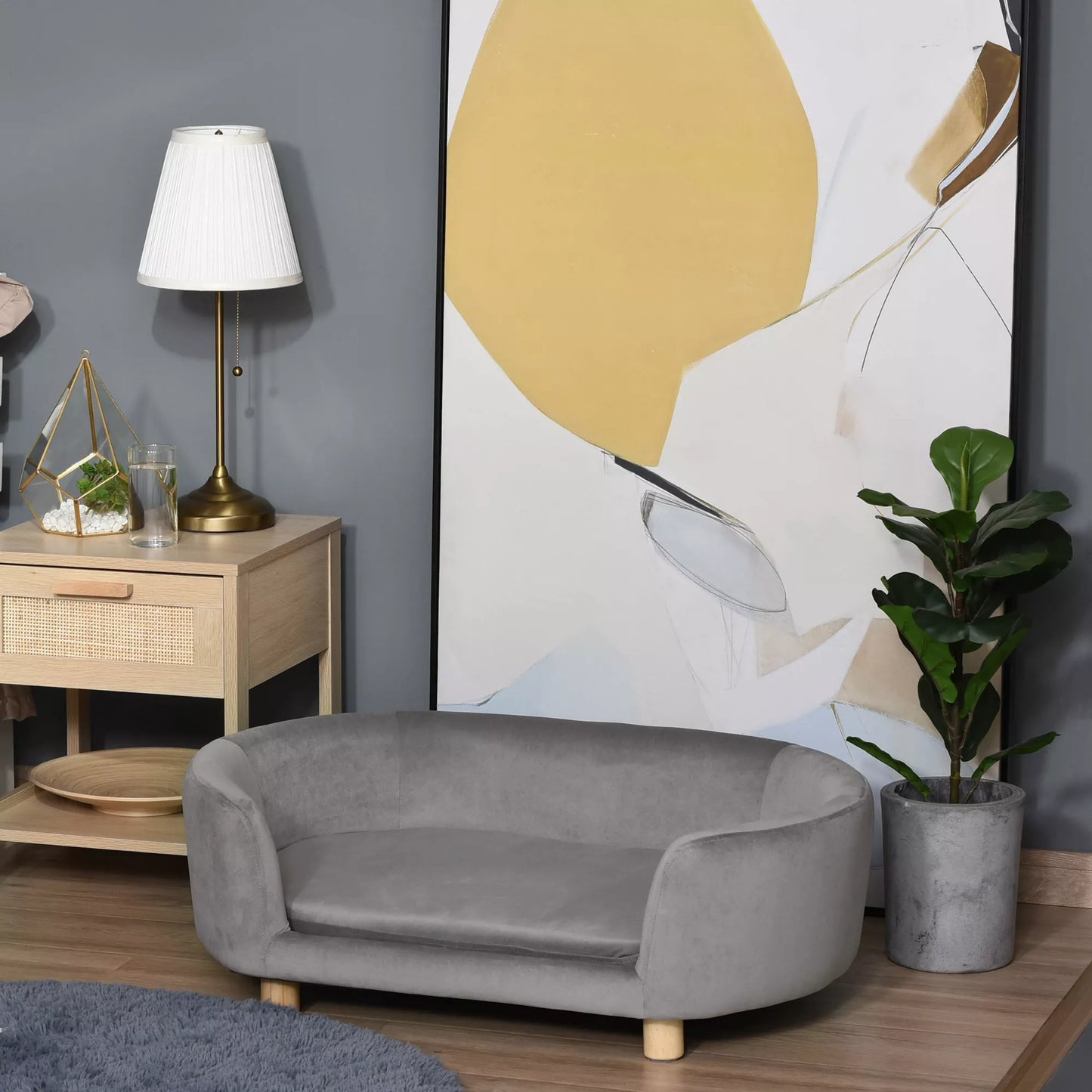 Sofa augintiniams, šunų sofa, šunų lova su olandišku aksomu, putplasčiu ir beržo kojelėmis katėms ir šunims, 86 x 55 x 33 cm, šviesiai pilka