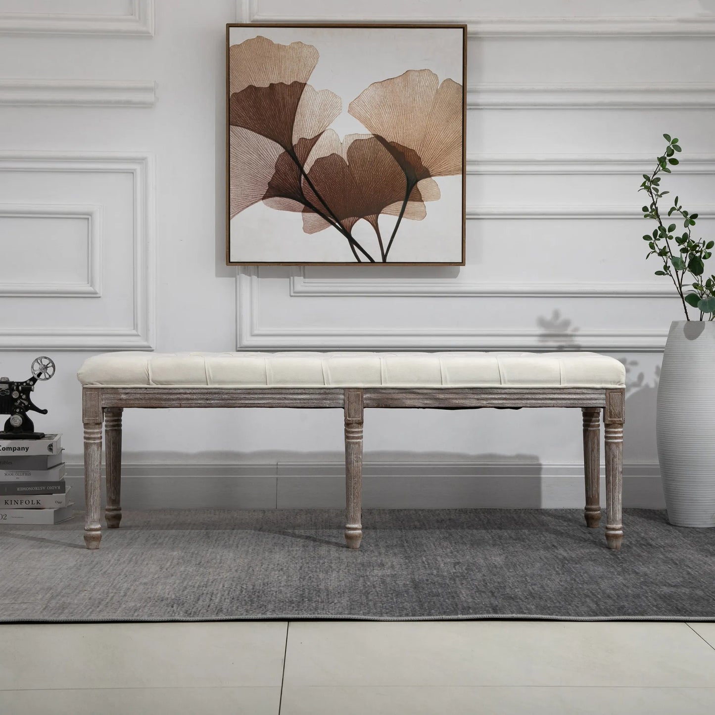 Minkšta suolelė Vintage lovos suolelis su sagomis Švelnus liesti Guminis medis Smėlio spalvos 142 x 47 x 51 cm