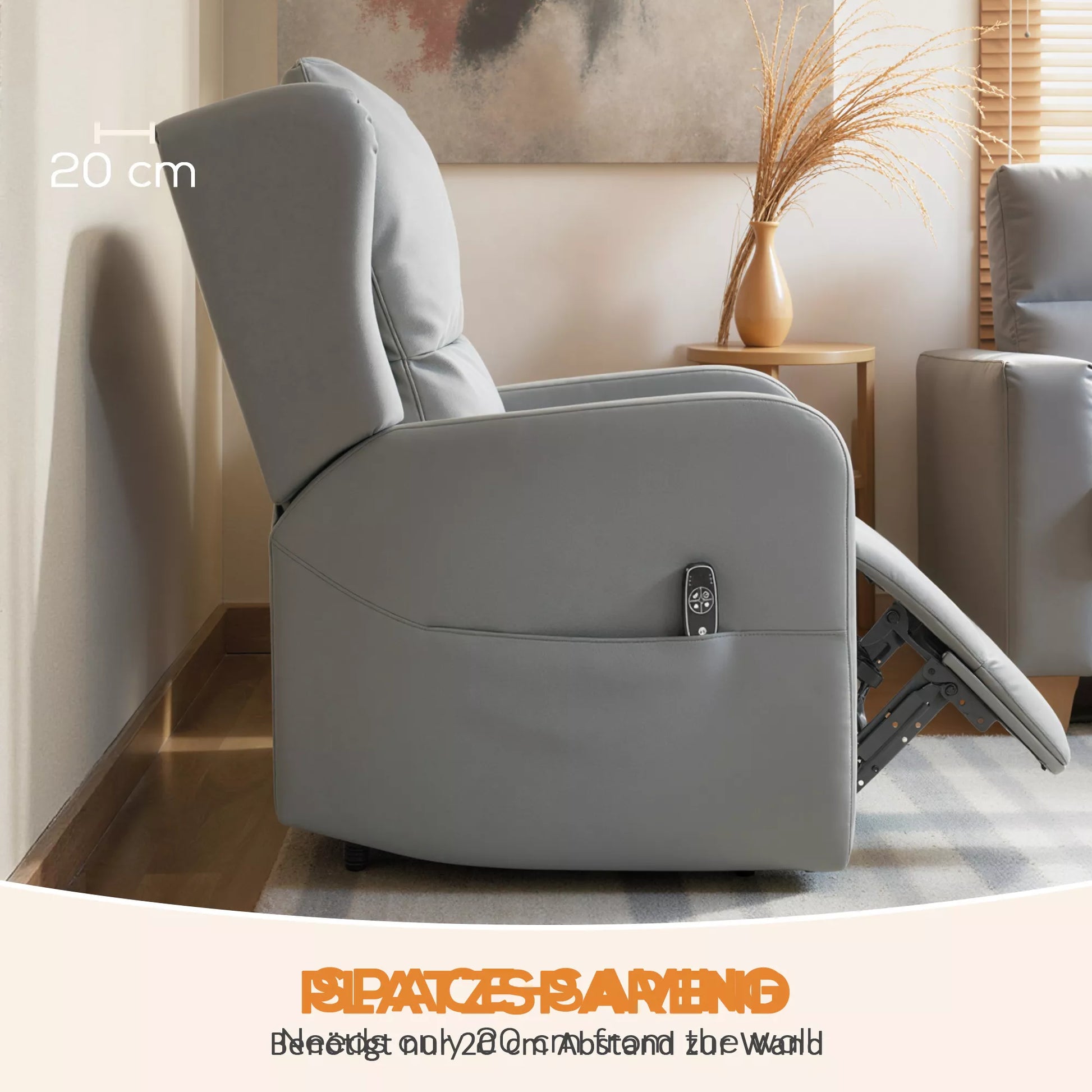 Masažinis krėslas su atlošimo funkcija, dirbtinė oda, elektra reguliuojamas, atrama kojoms, šoninė kišenė, plieninis rėmas, pilkos spalvos