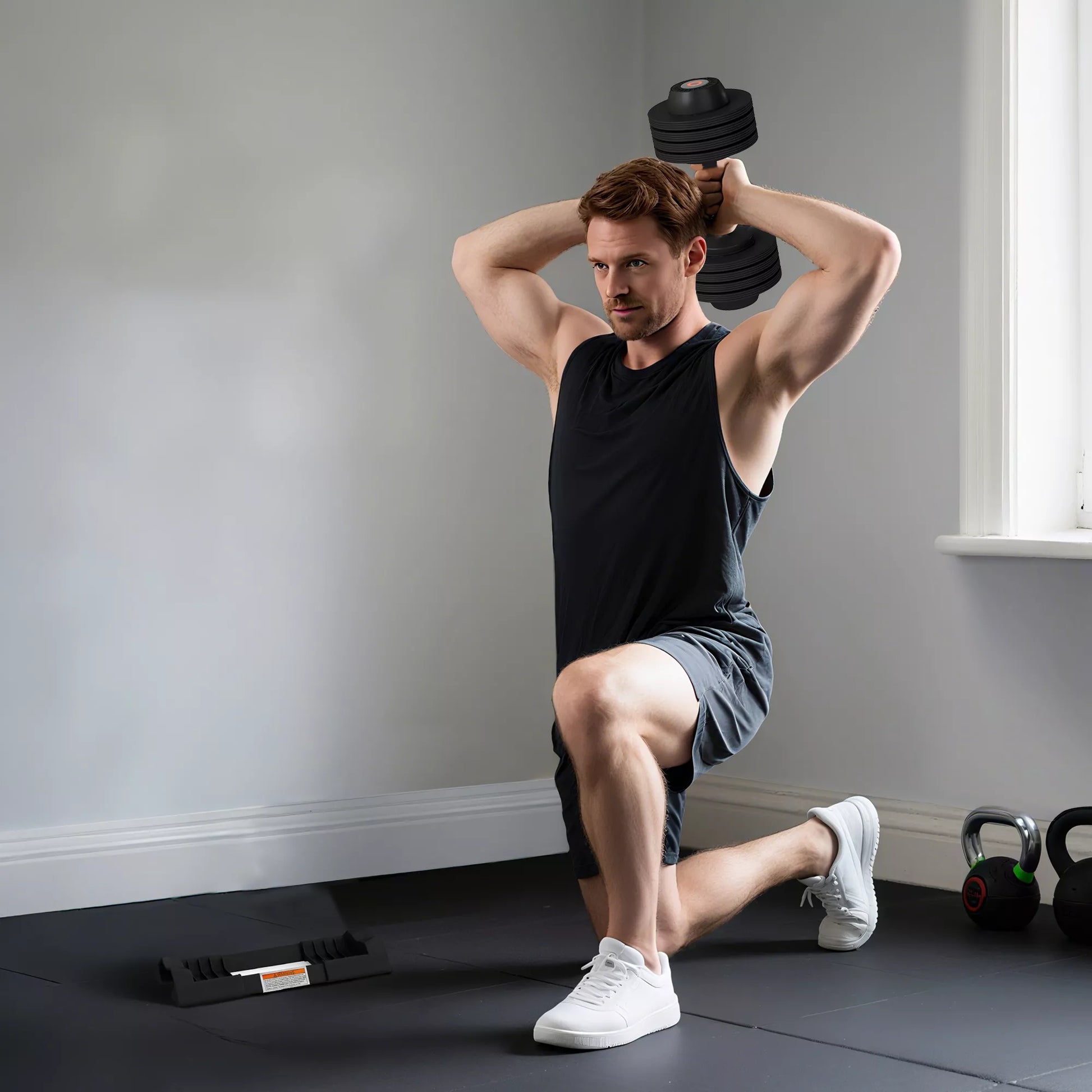 Reguliuojamas viengubas hantelis, 7/13/18/24 kg hantelis su laikymo skyriumi, su neslystančiais rankenomis, juodos spalvos