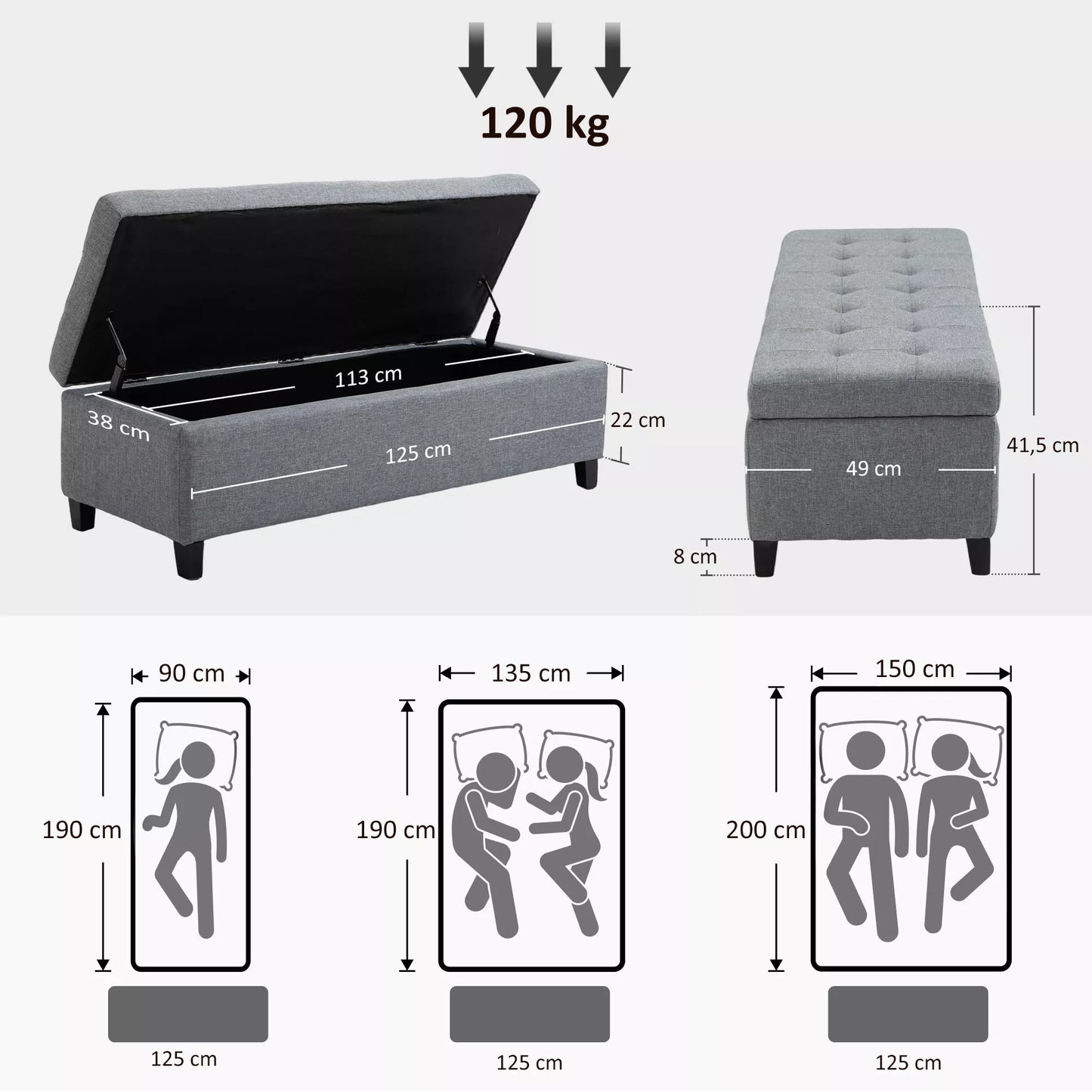 Suolas su daiktadėže, otomanas, koridoriaus suolas, sagtelėmis siūtas, 125,1 cm x 48,9 cm x 41,3 cm, Pilkas