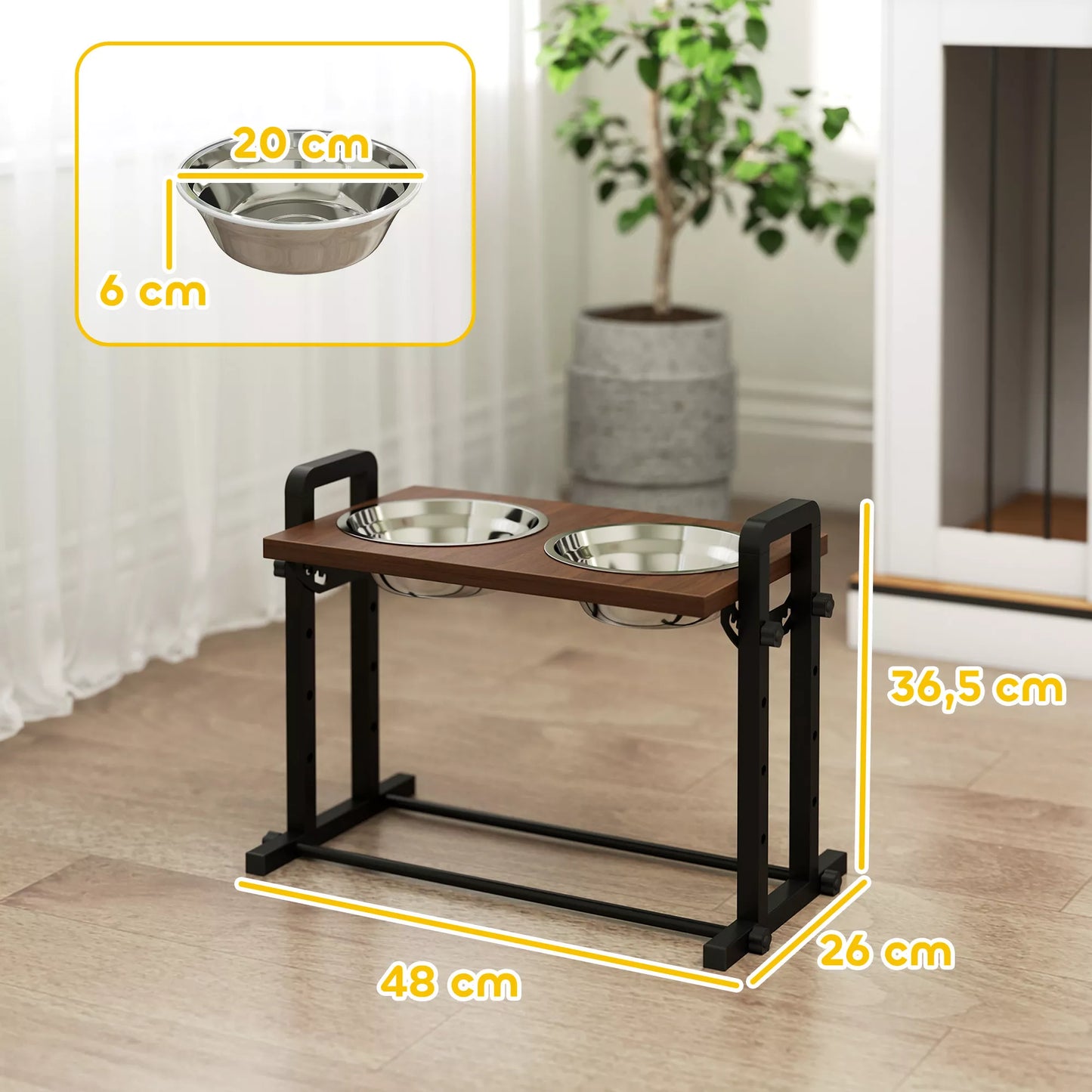 Pakeltas šunų dubuo 4 aukščio reguliuojamas dubuo su stovu, 2 x 1,2 l nerūdijančio plieno dubenėliai, 3 reguliuojami kampai, rudos spalvos