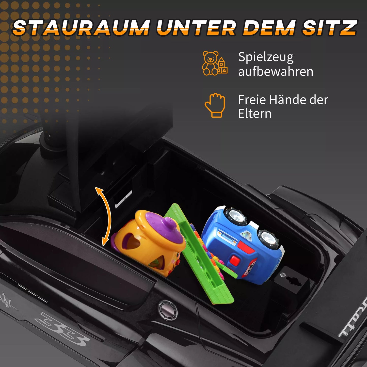 Paspiriamas automobilis Maserati, laikymo vieta, garsinis signalas ir muzika, tyliai riedančios padangos, nuo 1,5 iki 5 metų, iki 25 kg, juodas