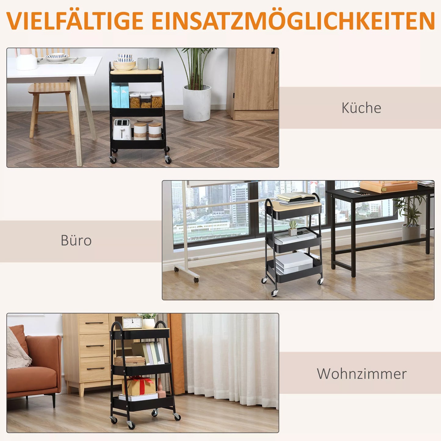 Vežimėlis, serviravimo vežimėlis su 3 krepšio lentynomis, metalas, plastikas, juodas