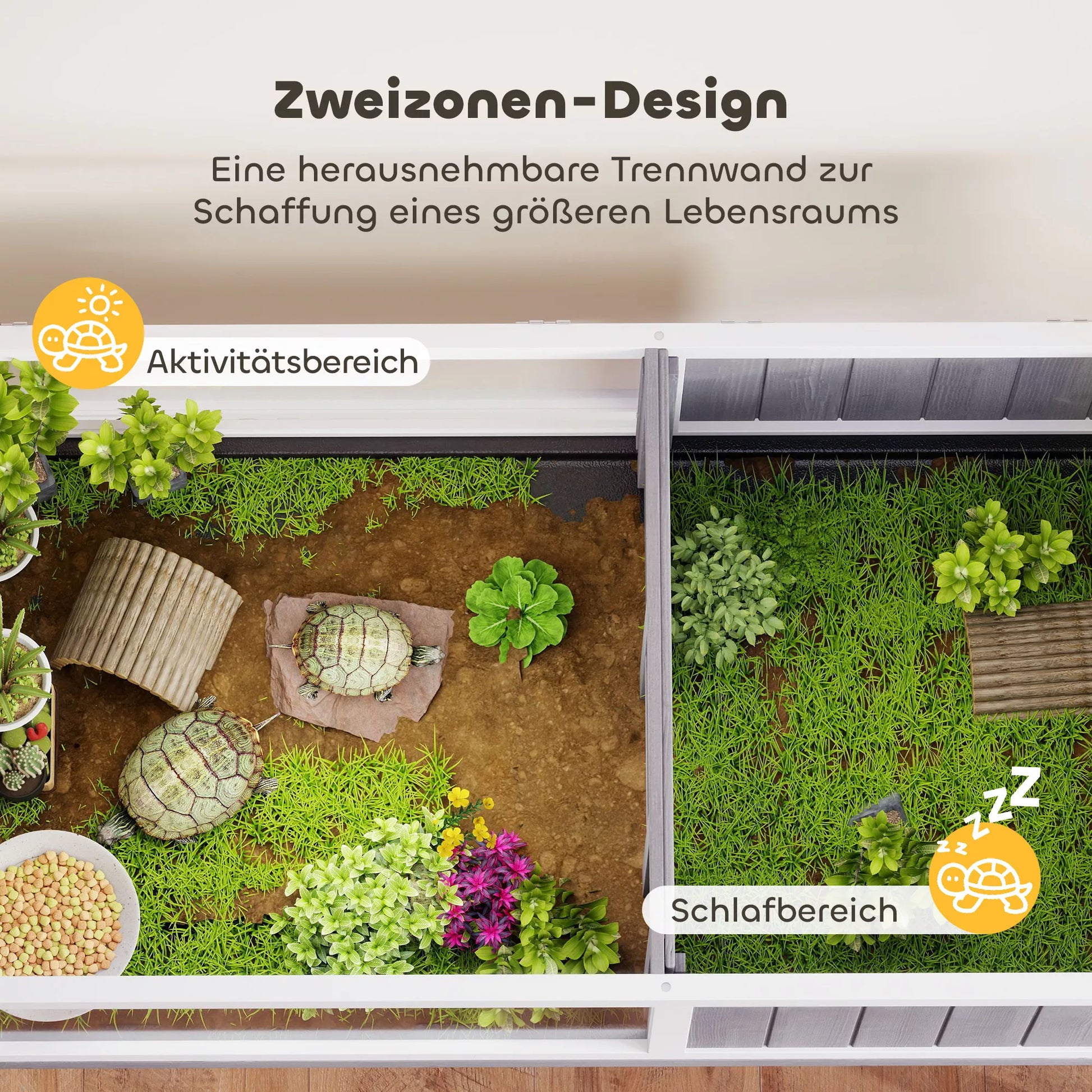 Medinis vėžlių namelis su apžvalgos langeliu, vėžlių aptvaras, medis ir organinis stiklas, 104 x 53 x 82 cm, balta ir pilka