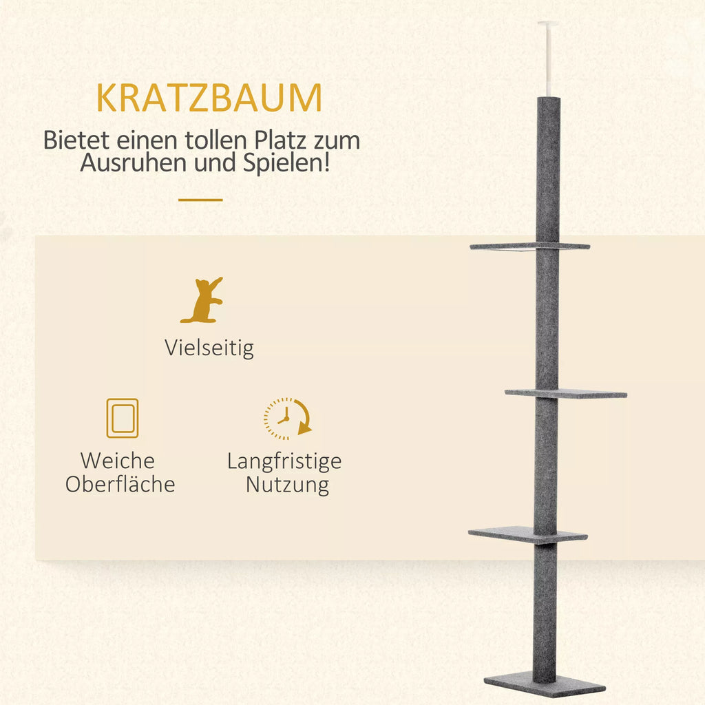 Kratzbaum iki lubų aukščio 228-260 cm Katės medis su platformomis Daugiaaukštis katės medis Laipiojimo medis mažoms ir didelėms katėms, pilkos spalvos