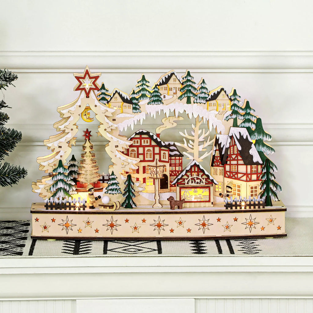 Kalėdinis kaimelis žiemos stebuklų šalyje, 20 LED lempučių, daugiasluoksnis, natūralaus medžio, 45 x 12 x 30 cm