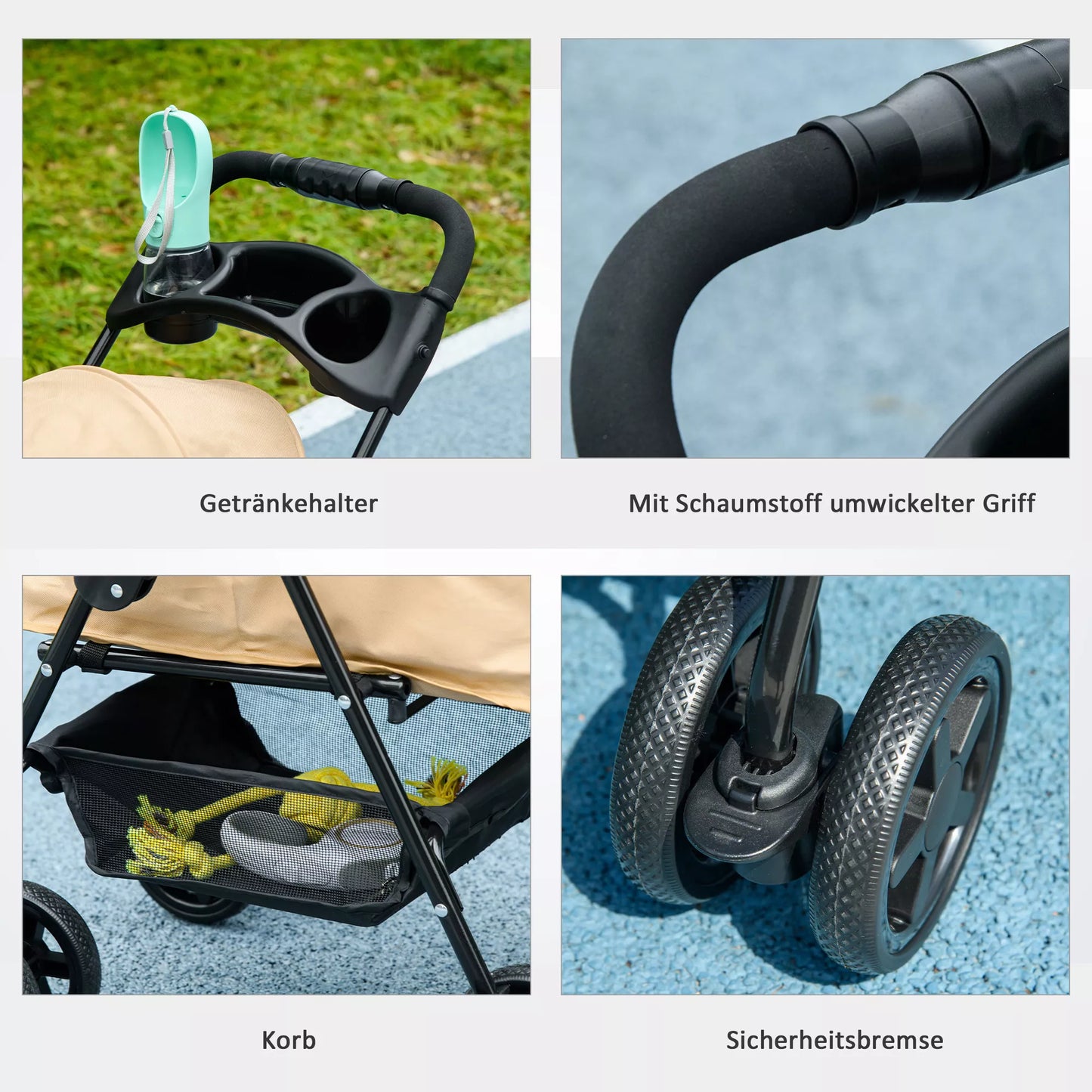 Šunų vežimėlis, sulankstomas, 2 saugos pavadėliai, 2 puodelių laikikliai, 67 x 45 x 96 cm, Chaki