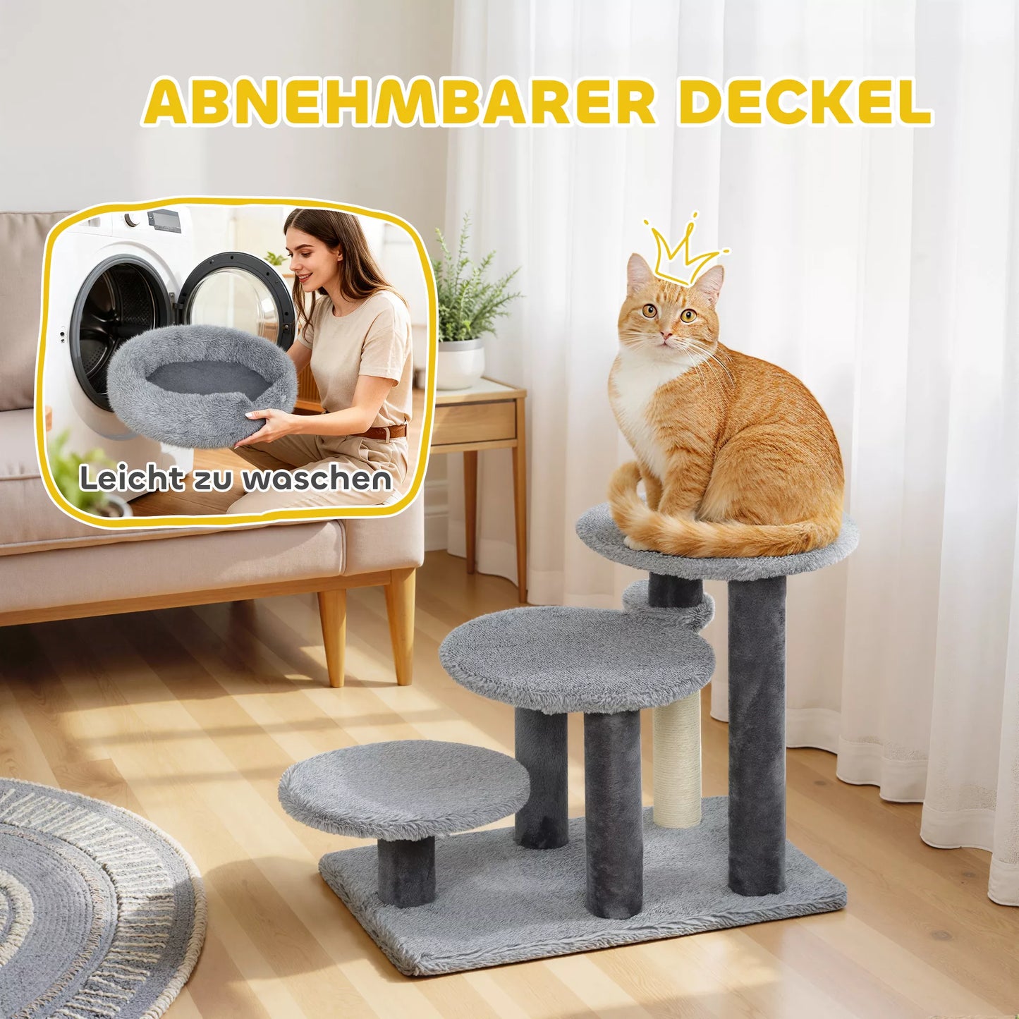 Kačių medis ir laipteliai, plati bazė, pliušinis audinys, sisalio draskyklė, pilkos spalvos