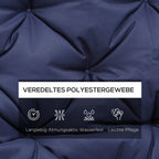 Pagalvėlės poliesterio audinio infografika su savybių piktogramomis